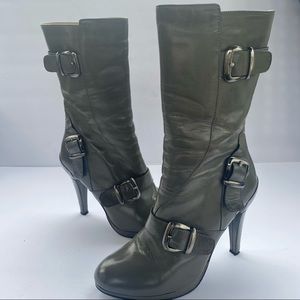 JUNO leather Heeled moto buckle Boots gray silver size 36